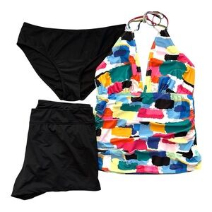 3 Piece Bundle Swimwear XXL Tankini Top Bikini Bottom Swim Shorts Black Multi